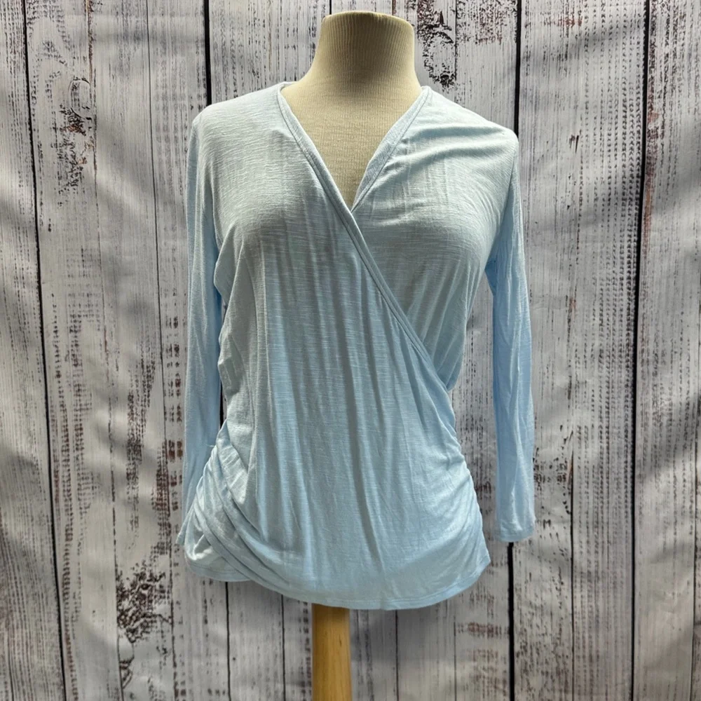 Light Blue Wrap-Front Long Sleeve Women's Top_2